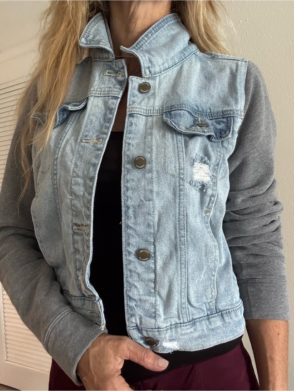 Hollister Light Blue Denim Jacket with Gray Hood M